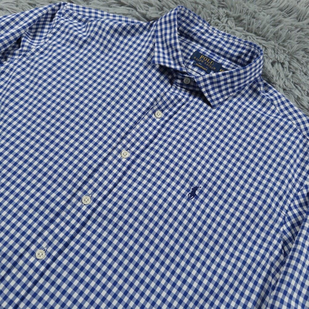 Polo Ralph Lauren Shirt XXL Blue Button Up Performance Check Stretch Nylon Mens